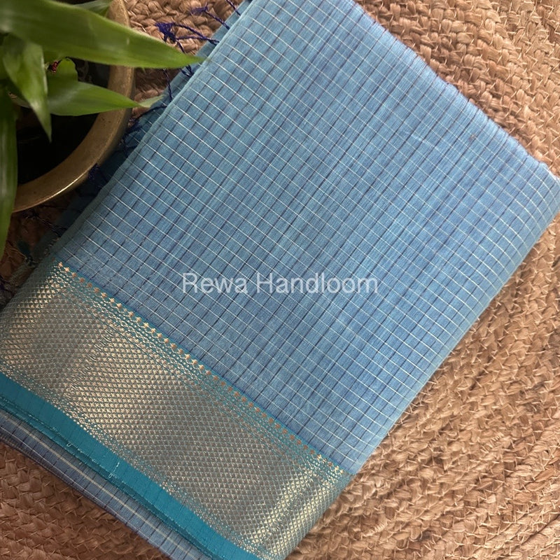 Maheshwari Sky Blue Zari Checks Saree ZCHX285