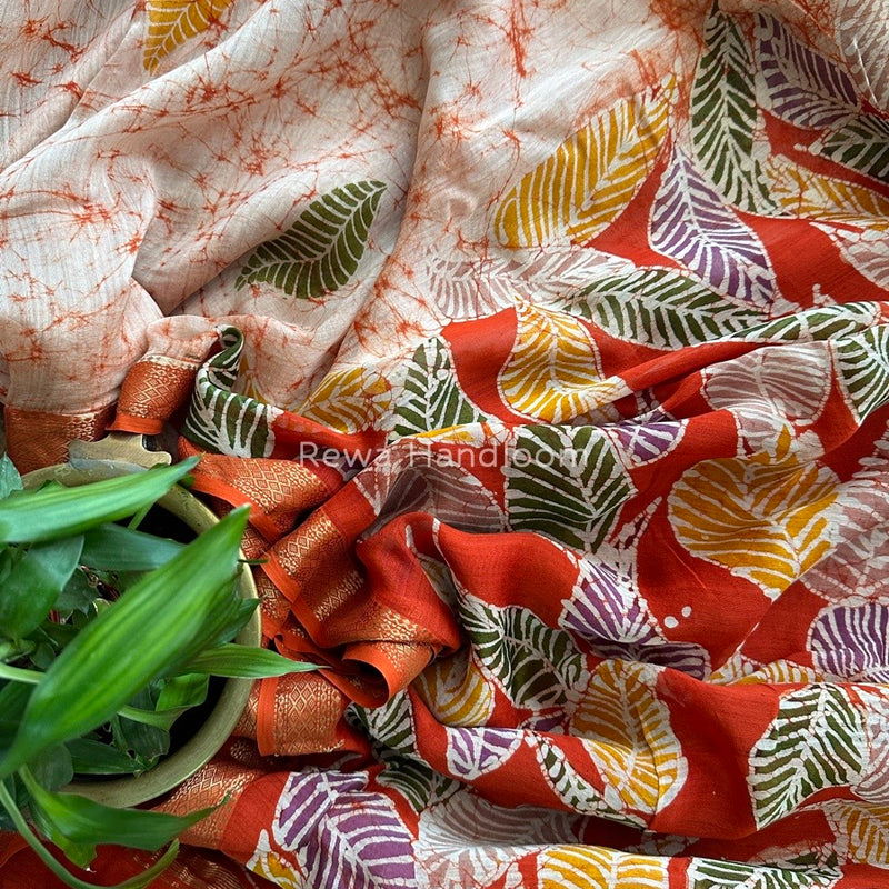 Maheshwari Rust Orange Batik Indonesian Print Saree IBS039