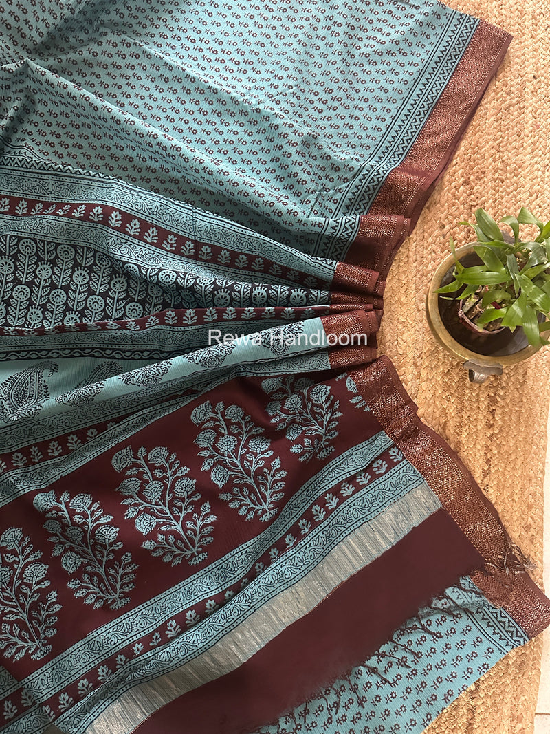 Maheshwari Rama Blue Bagh Print Small Border Saree MTBS158