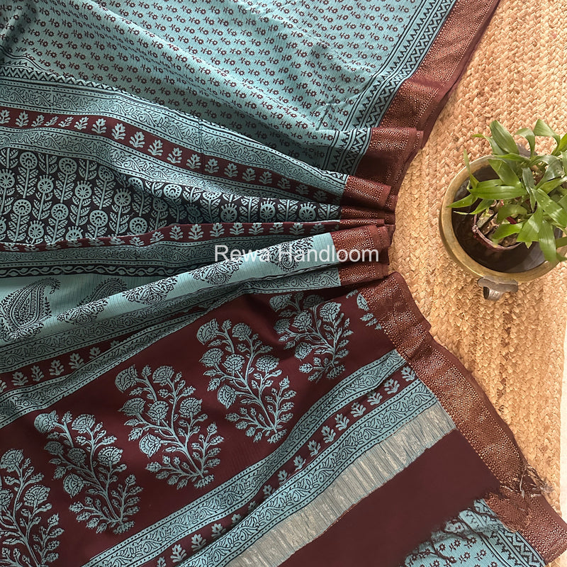 Maheshwari Rama Blue Bagh Print Small Border Saree MTBS158