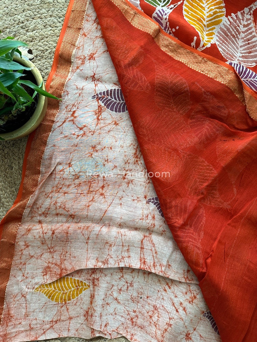 Maheshwari Rust Orange Batik Indonesian Print Saree IBS039