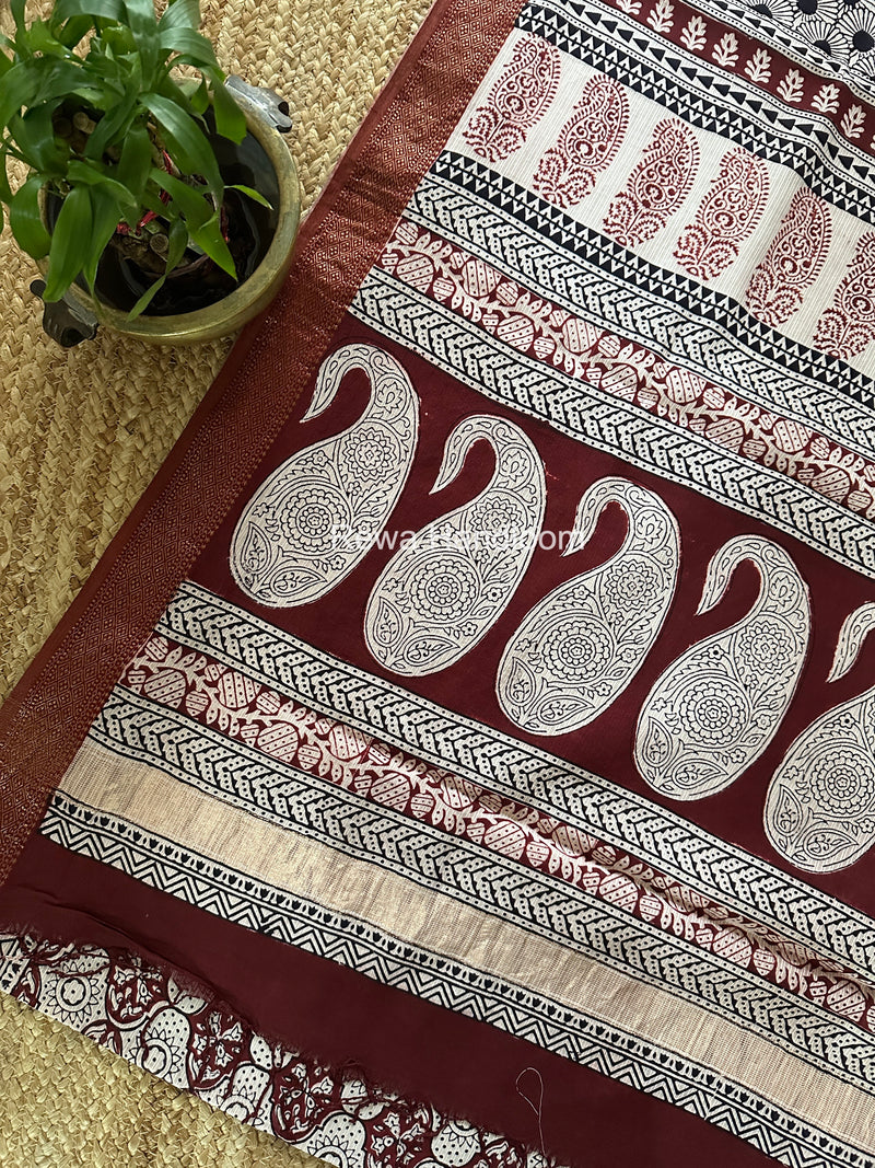 Maheshwari White Bagh Print Small Border Saree MTBS140