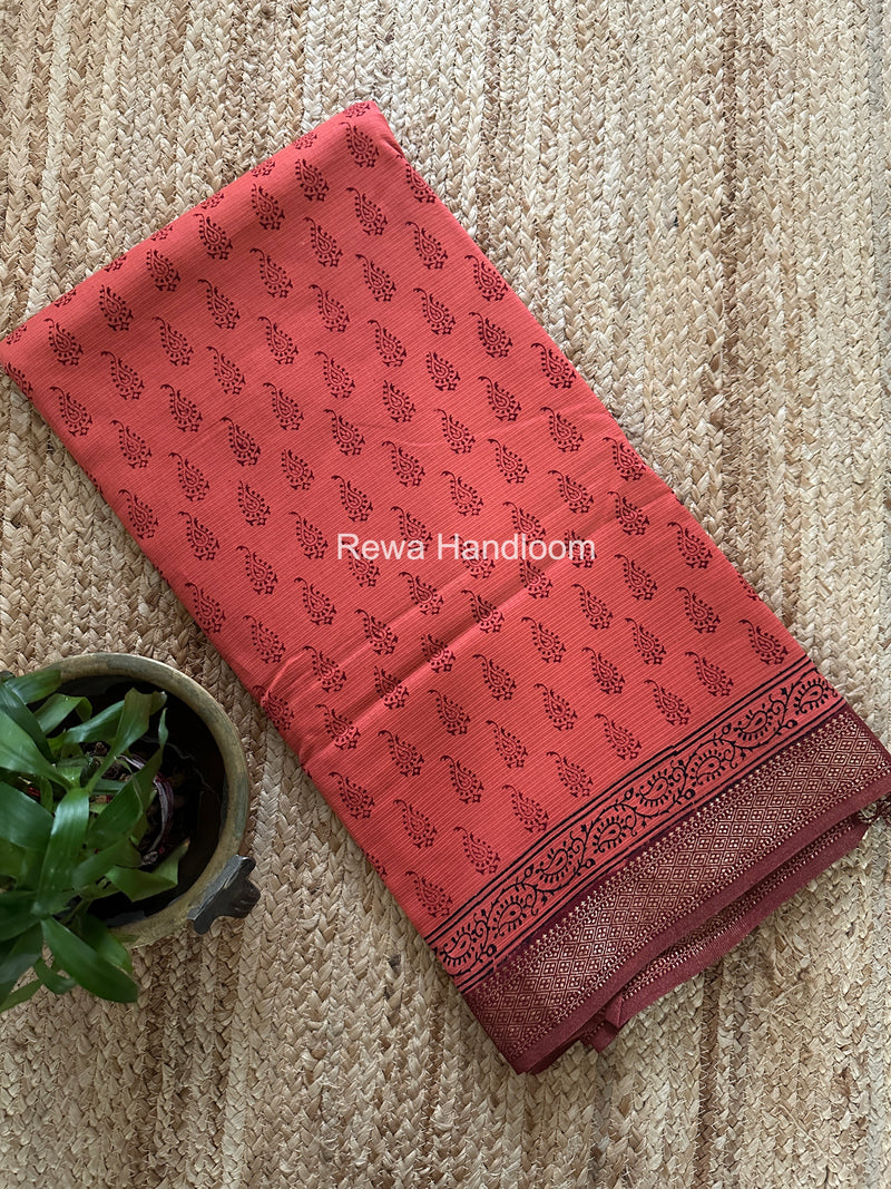 Maheshwari Orange Bagh Print Small Border Saree MTBS154