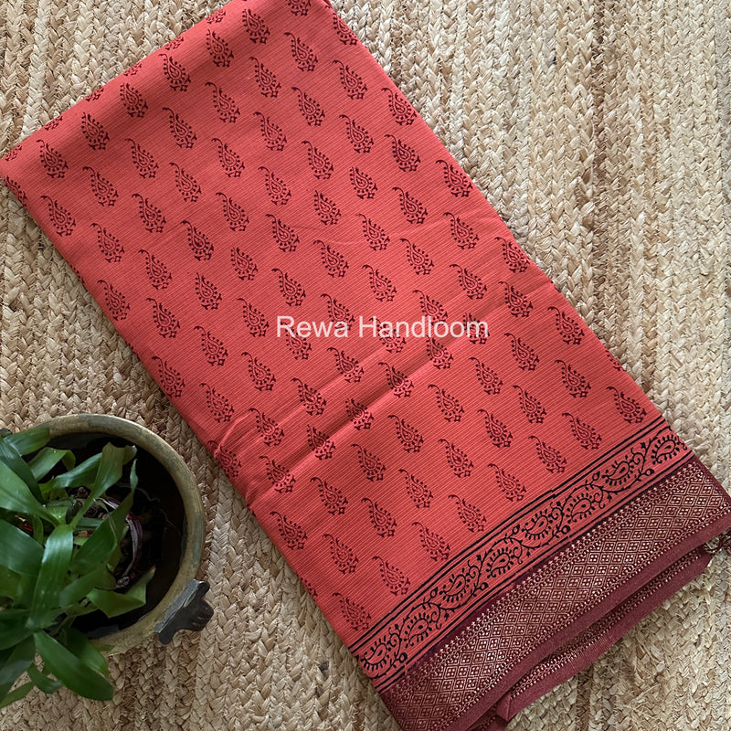 Maheshwari Orange Bagh Print Small Border Saree MTBS154