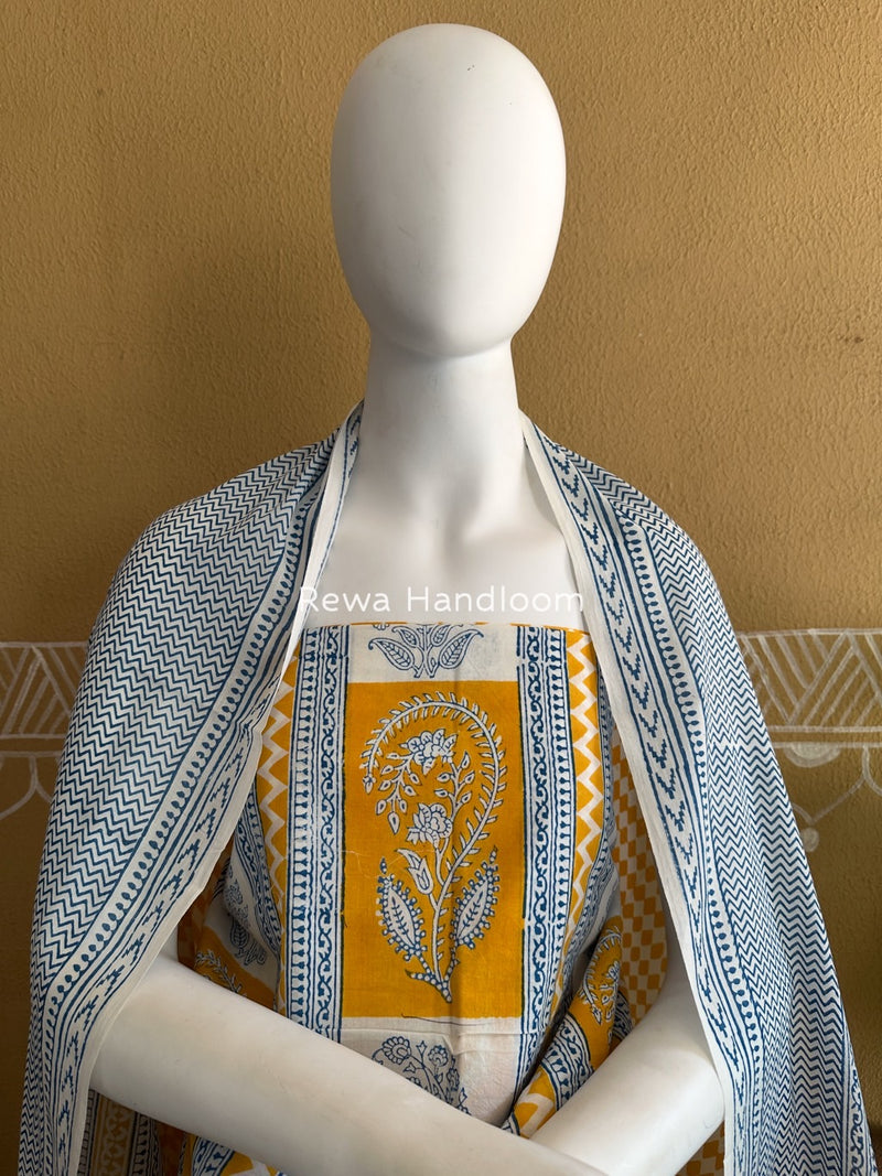 Yellow-white Indigo Bagh Print Suit BCI078