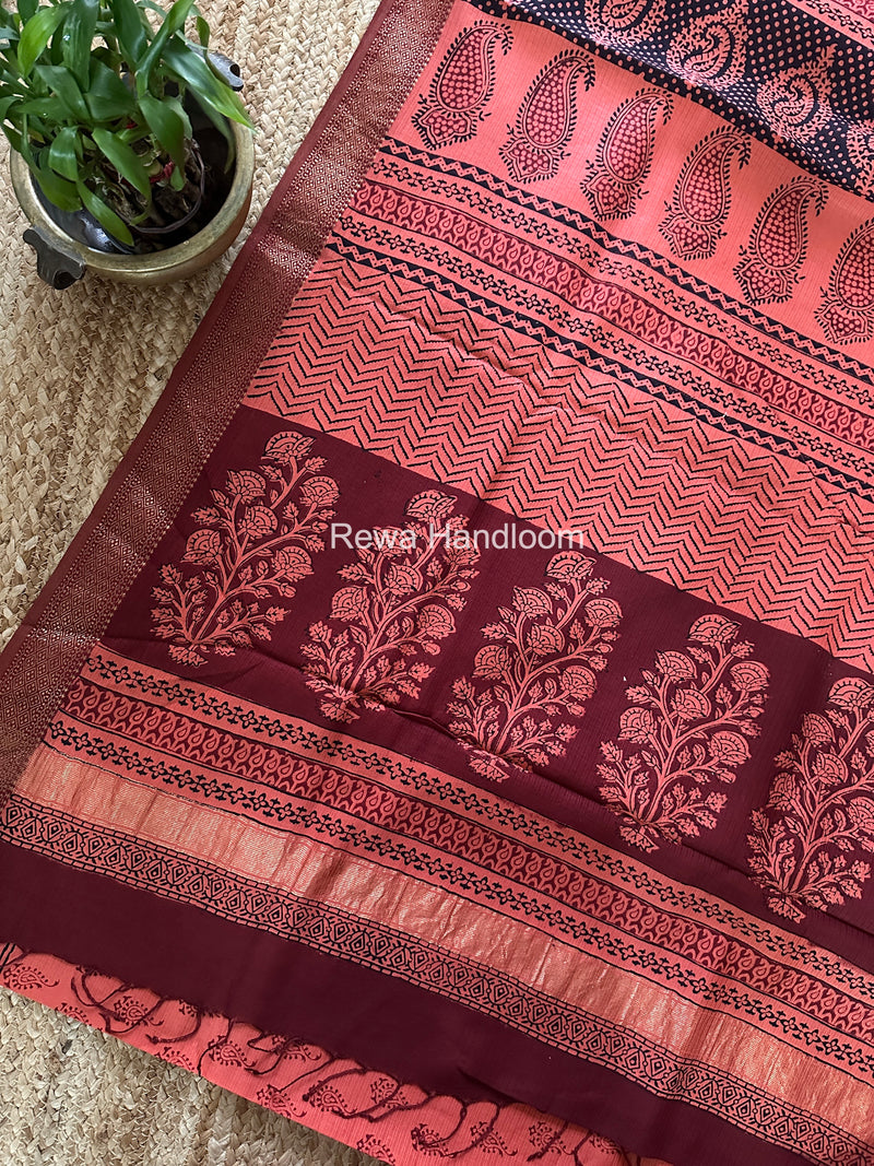 Maheshwari Orange Bagh Print Small Border Saree MTBS154