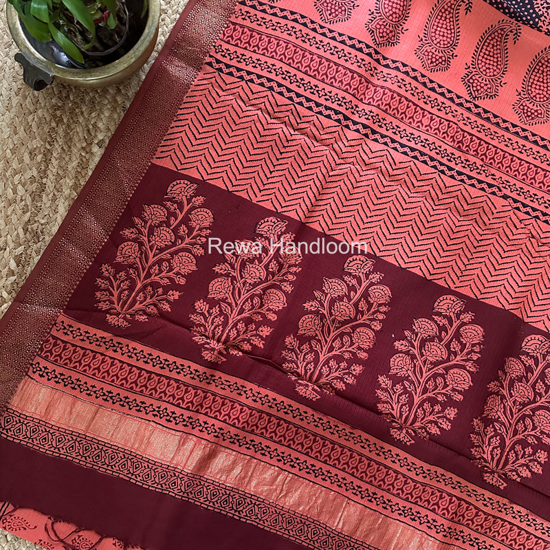 Maheshwari Orange Bagh Print Small Border Saree MTBS154