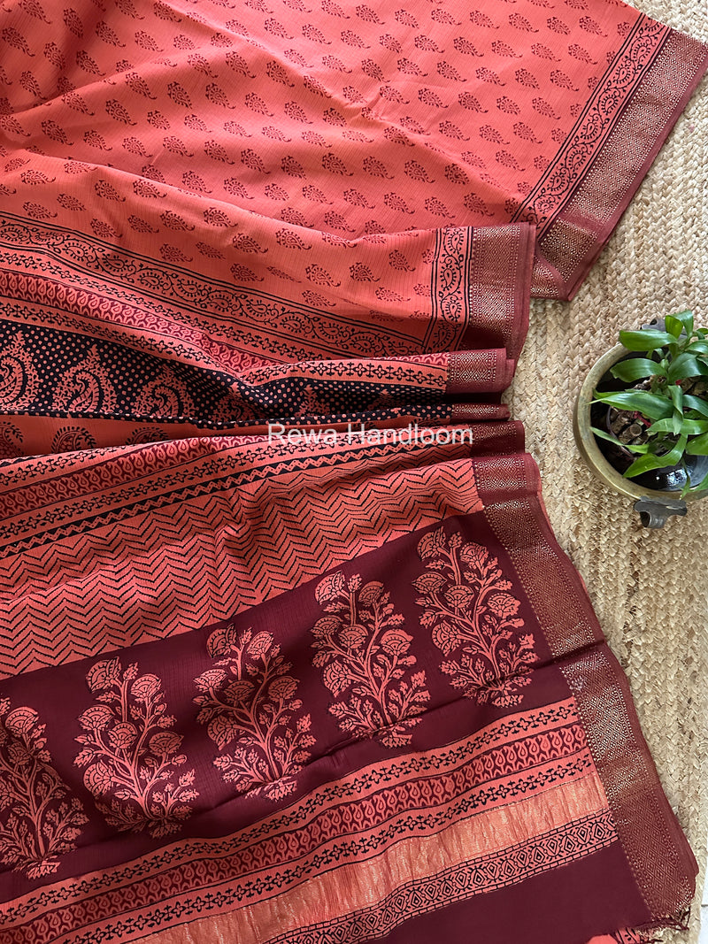 Maheshwari Orange Bagh Print Small Border Saree MTBS154