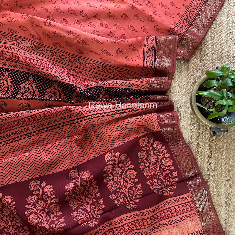 Maheshwari Orange Bagh Print Small Border Saree MTBS154