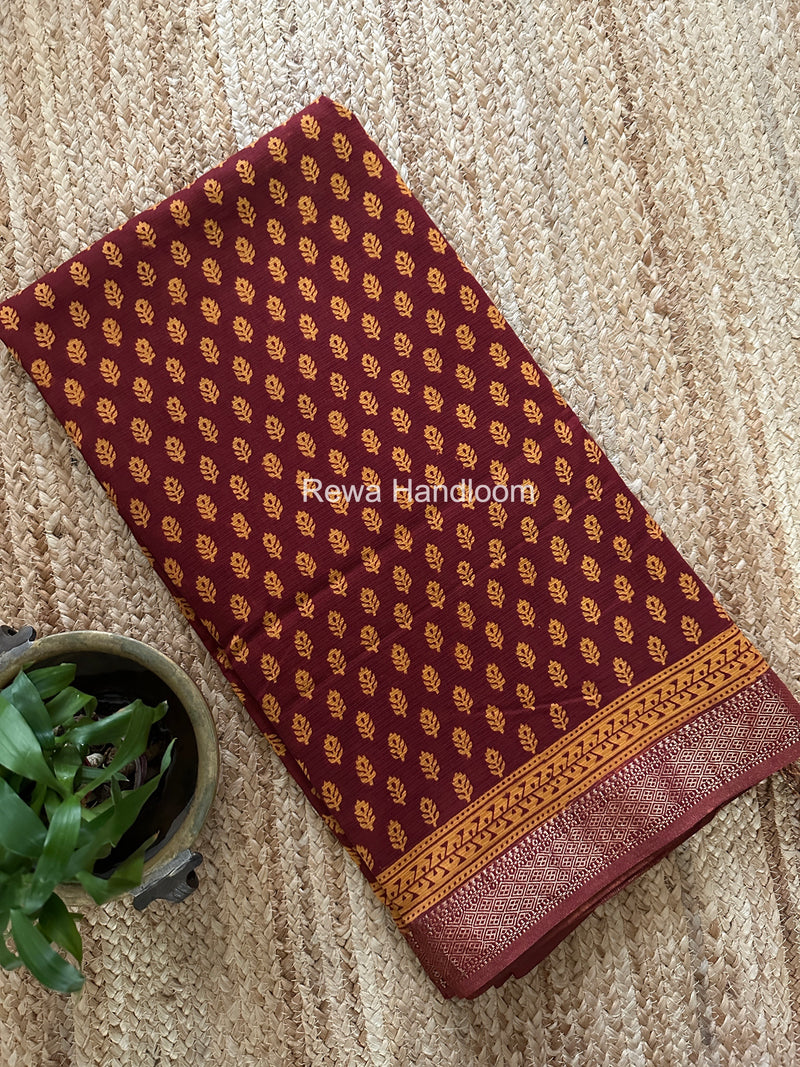 Maheshwari Red Bagh Print Small Border Saree MTBS153