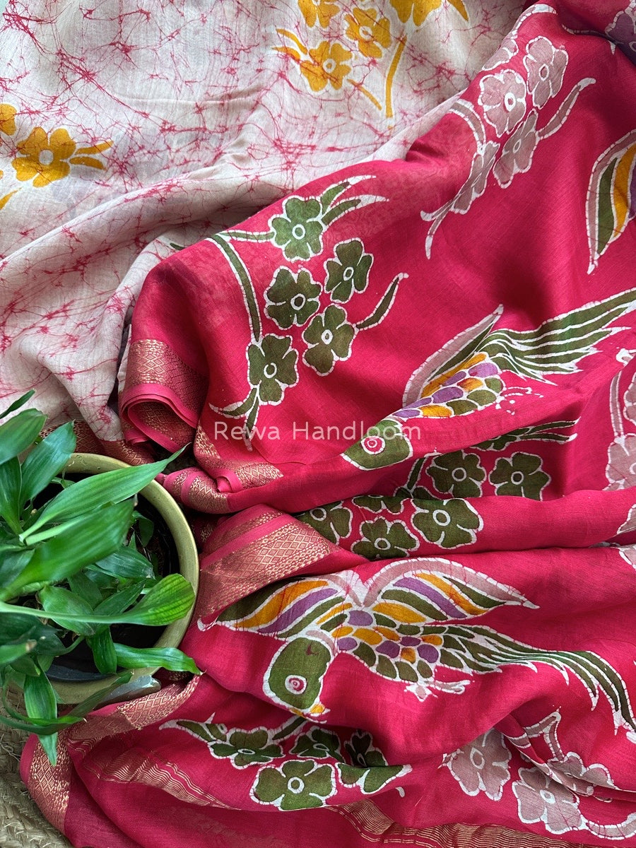 Maheshwari Rani Pink Batik Indonesian Print Saree IBS037