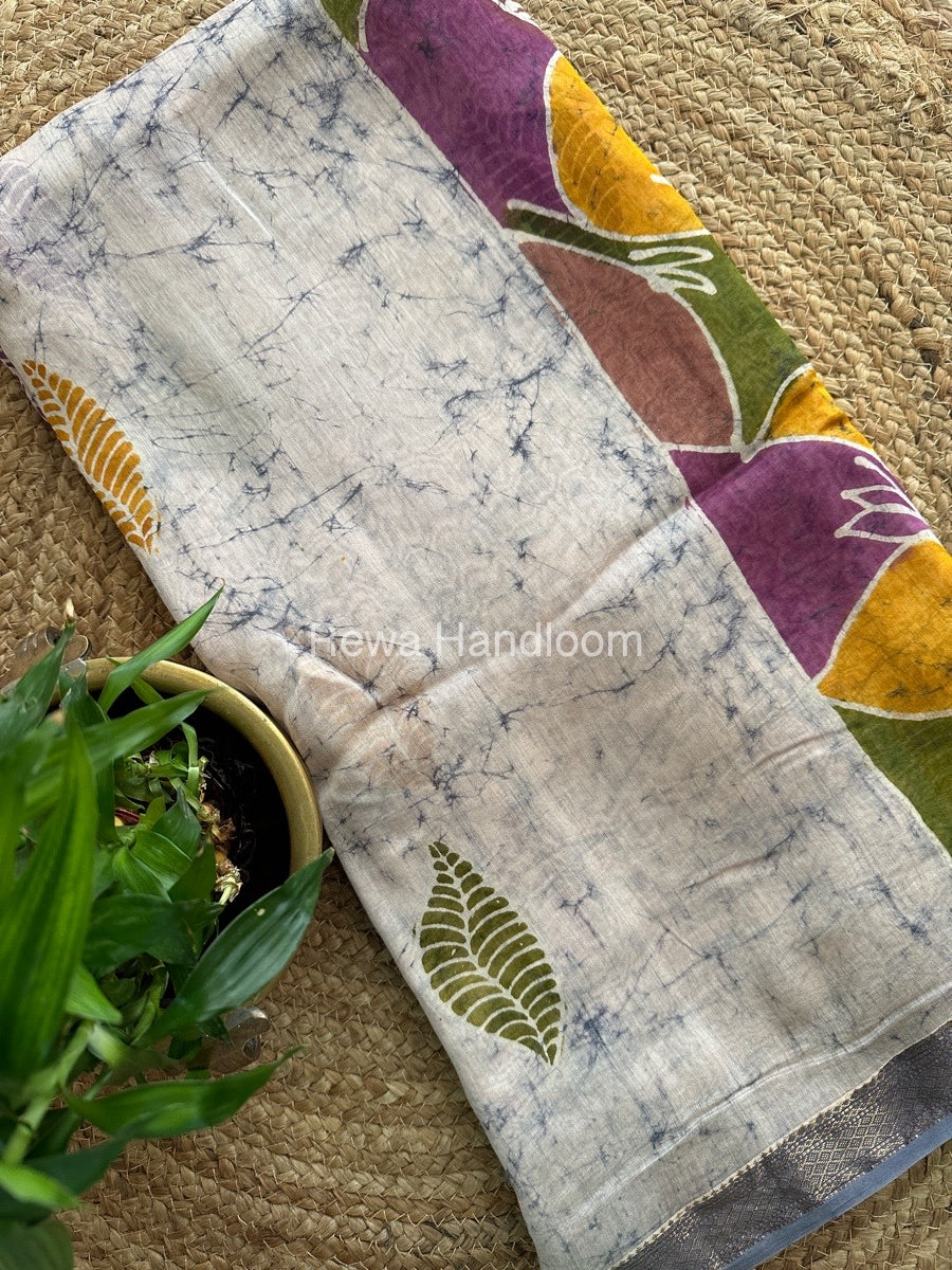 Maheshwari Grey Batik Indonesian Print Saree IBS023