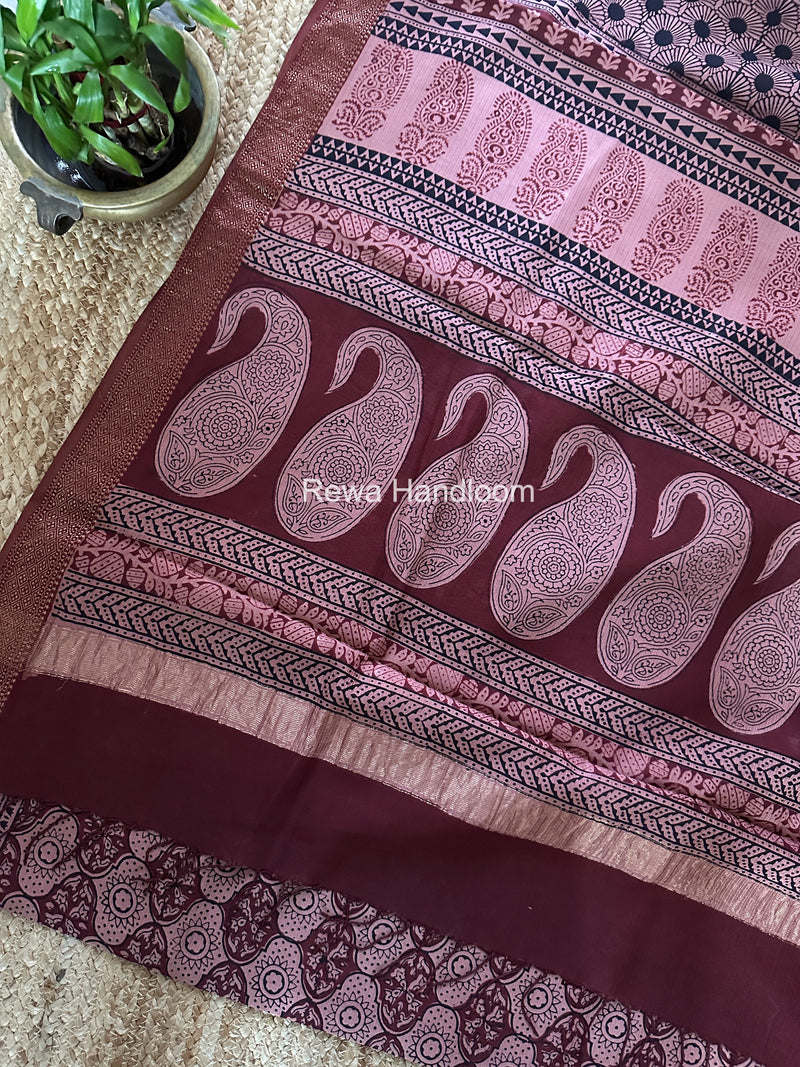 Maheshwari Peach Bagh Print Small Border Saree MTBS159