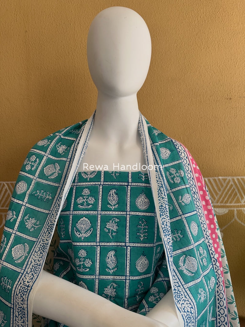 Aqua Green-White Indigo Bagh Print Suit BCI068