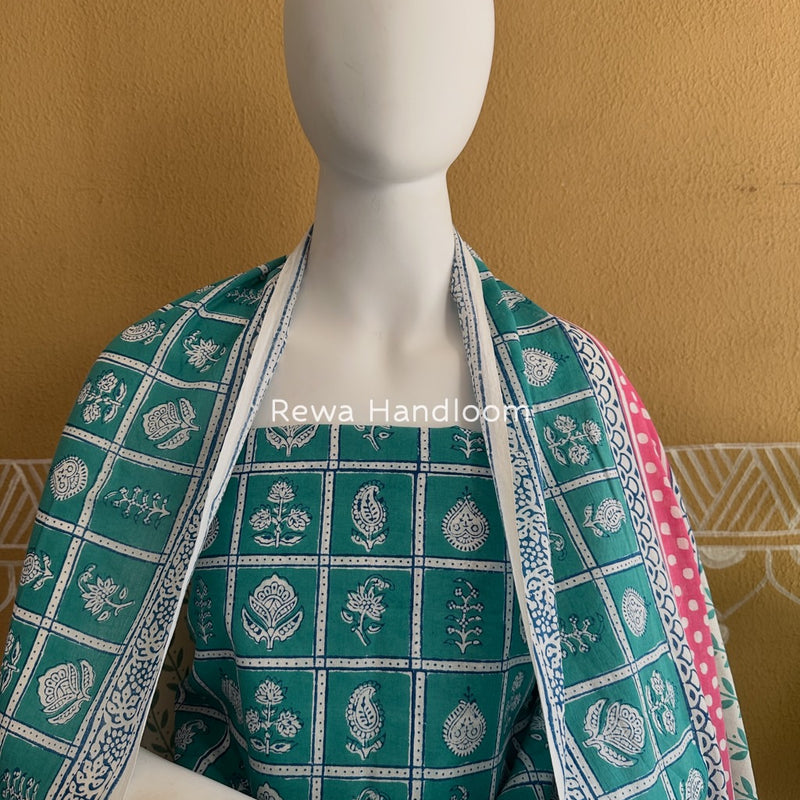 Aqua Green-White Indigo Bagh Print Suit BCI068