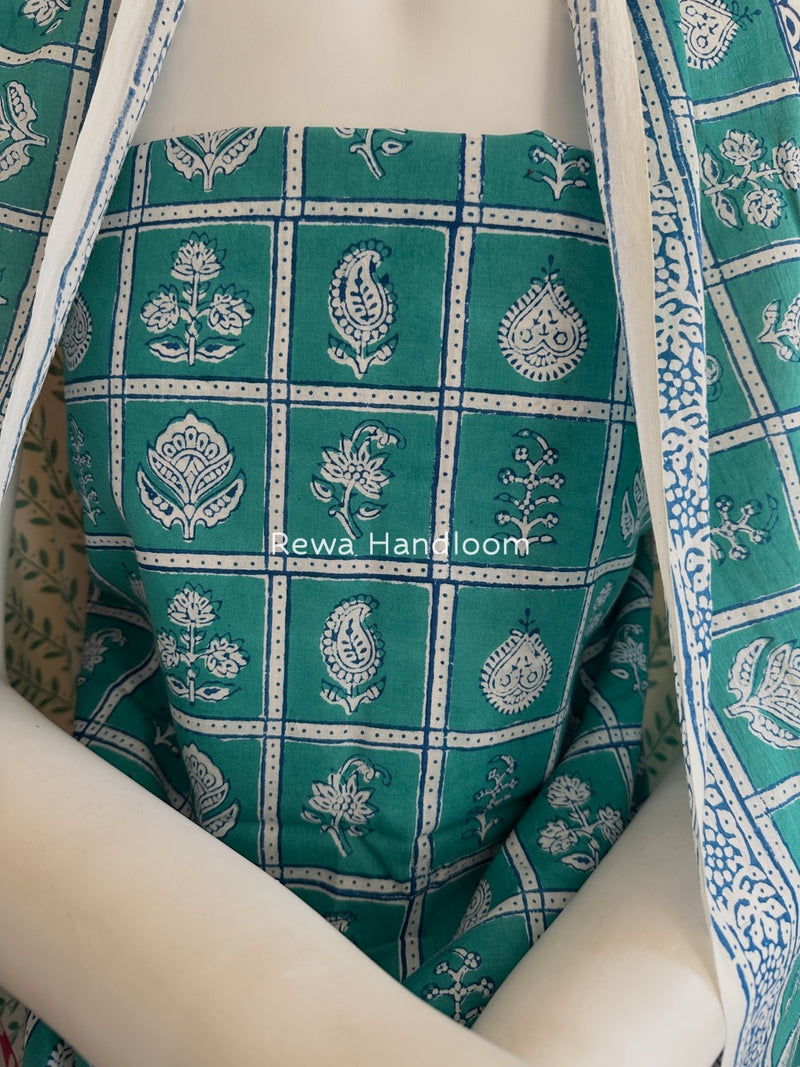 Aqua Green-White Indigo Bagh Print Suit BCI068