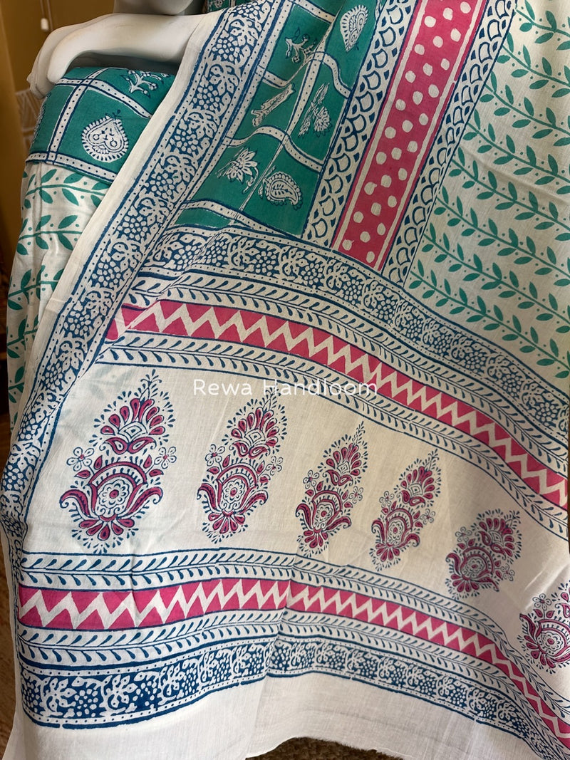 Aqua Green-White Indigo Bagh Print Suit BCI068