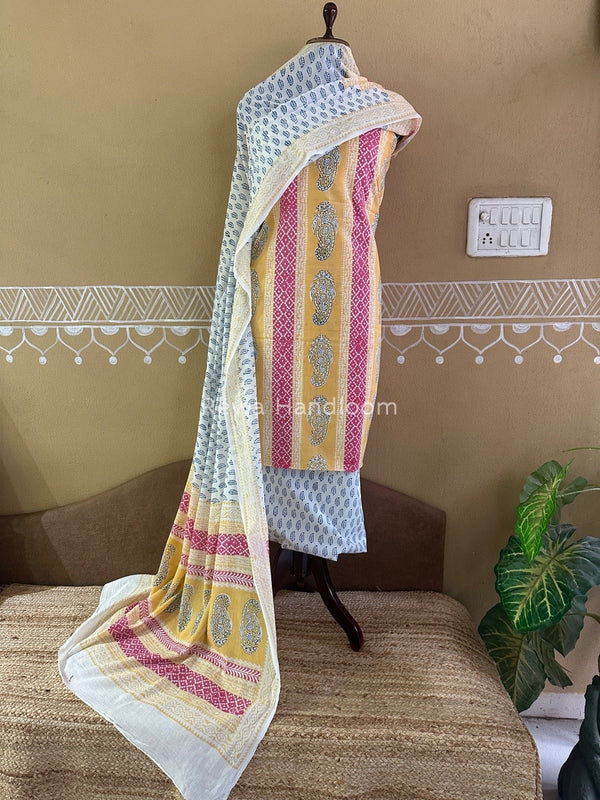 Yellow-White Indigo Bagh Print Suit BCI030