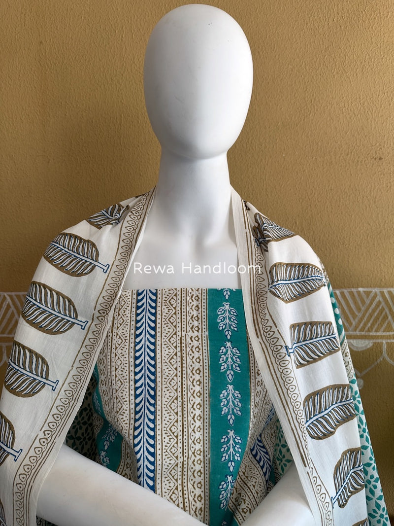 Aqua Green-white Indigo Bagh Print Suit BCI075