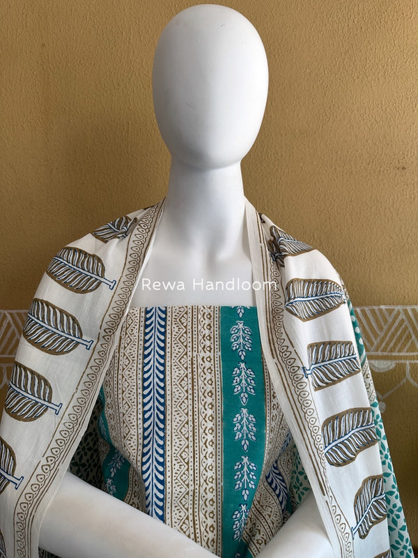 Aqua Green-white Indigo Bagh Print Suit BCI075