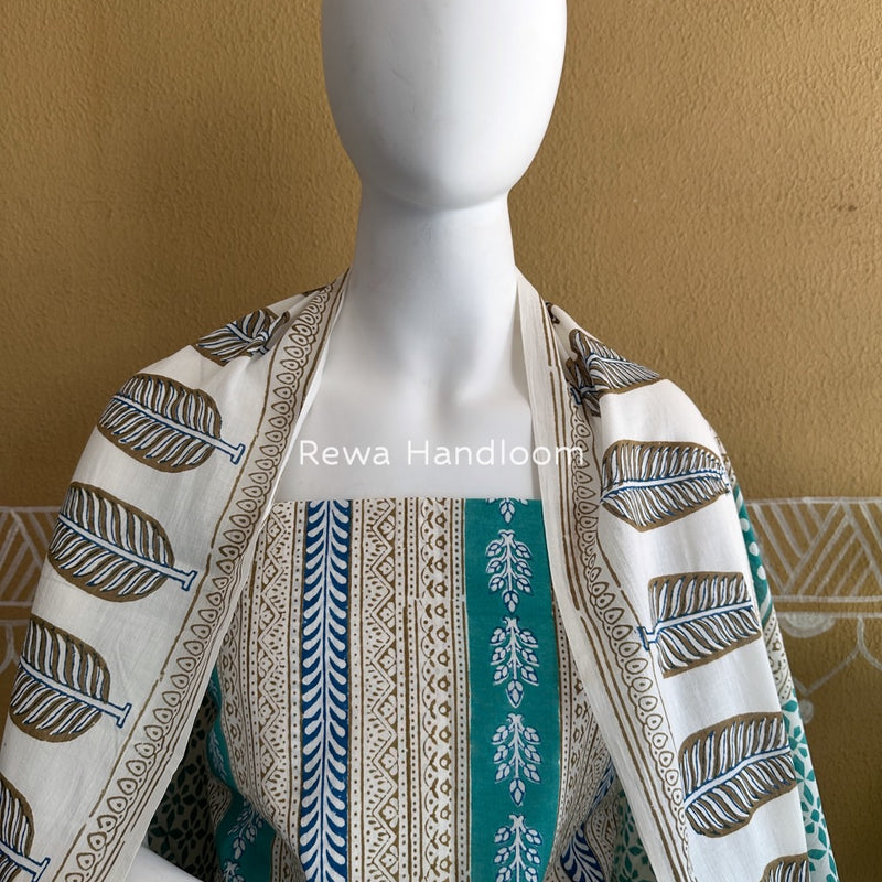 Aqua Green-white Indigo Bagh Print Suit BCI075