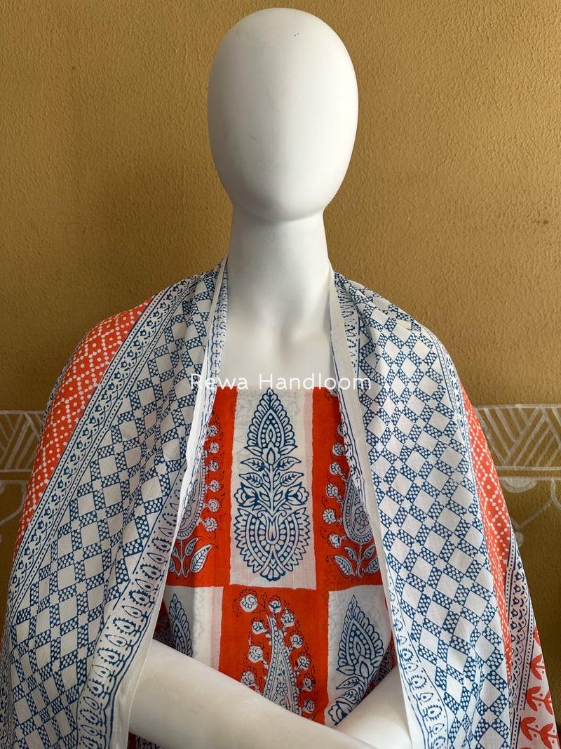 Orange-White Indigo Bagh Print Suit BCI084