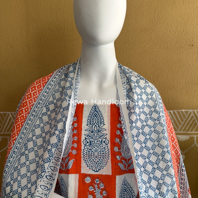 Orange-White Indigo Bagh Print Suit BCI084