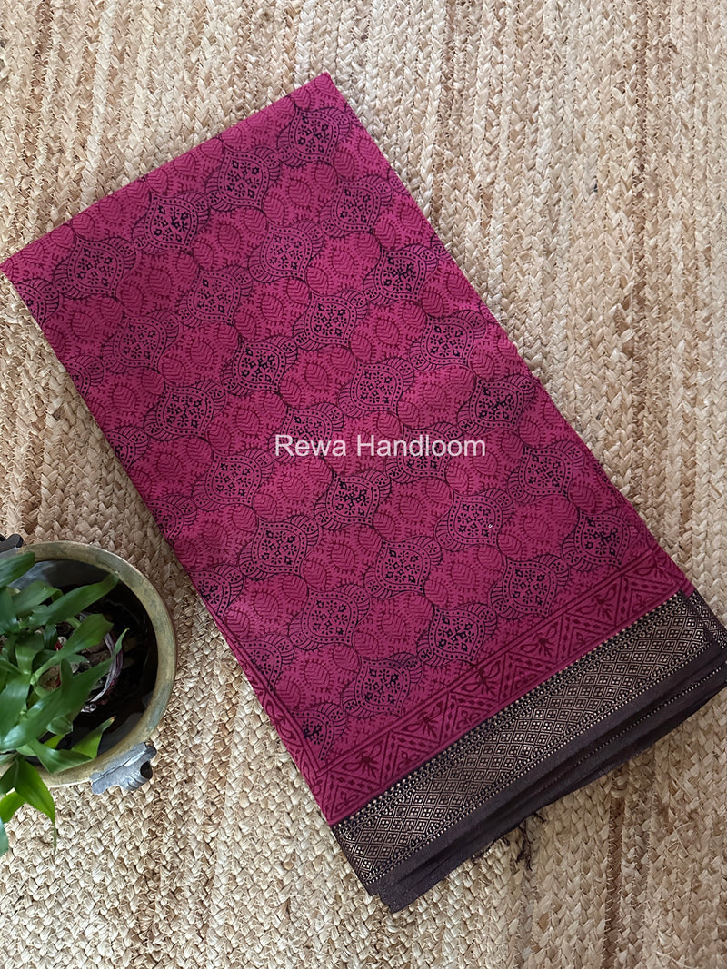 Maheshwari Pink Bagh Print Small Border Saree MTBS137