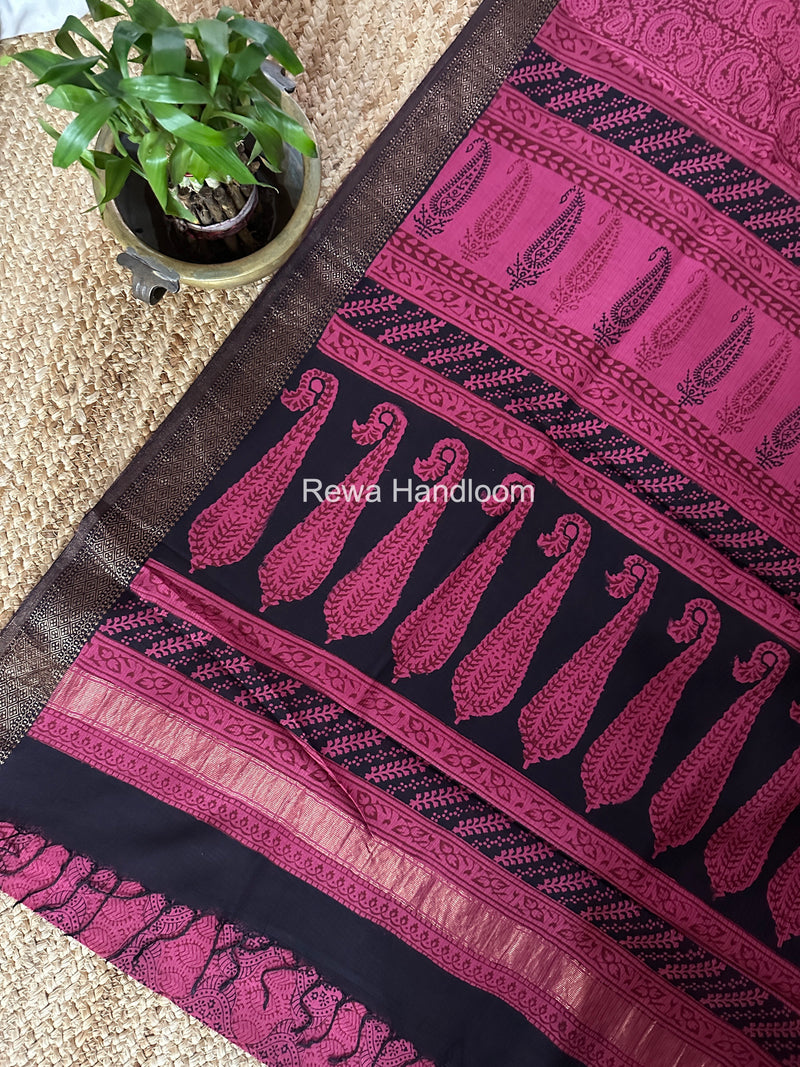 Maheshwari Pink Bagh Print Small Border Saree MTBS137