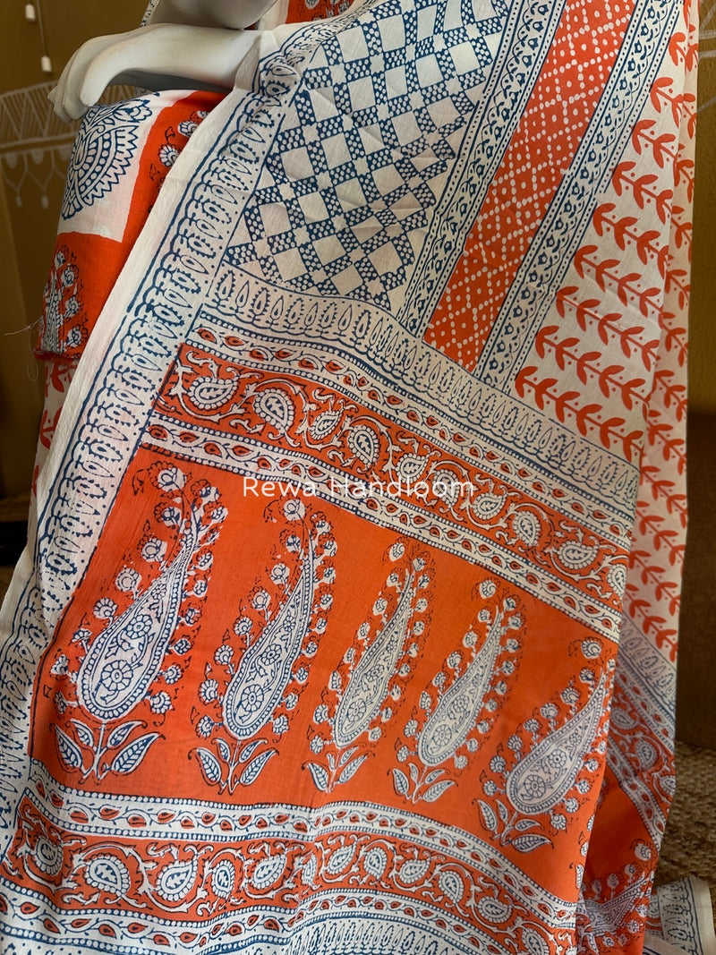 Orange-White Indigo Bagh Print Suit BCI084