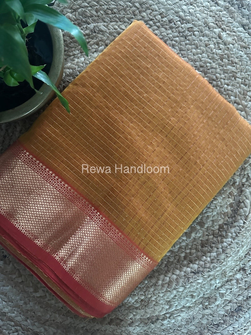 Maheshwari Mustard Yellow Zari Checks Saree ZCHX318