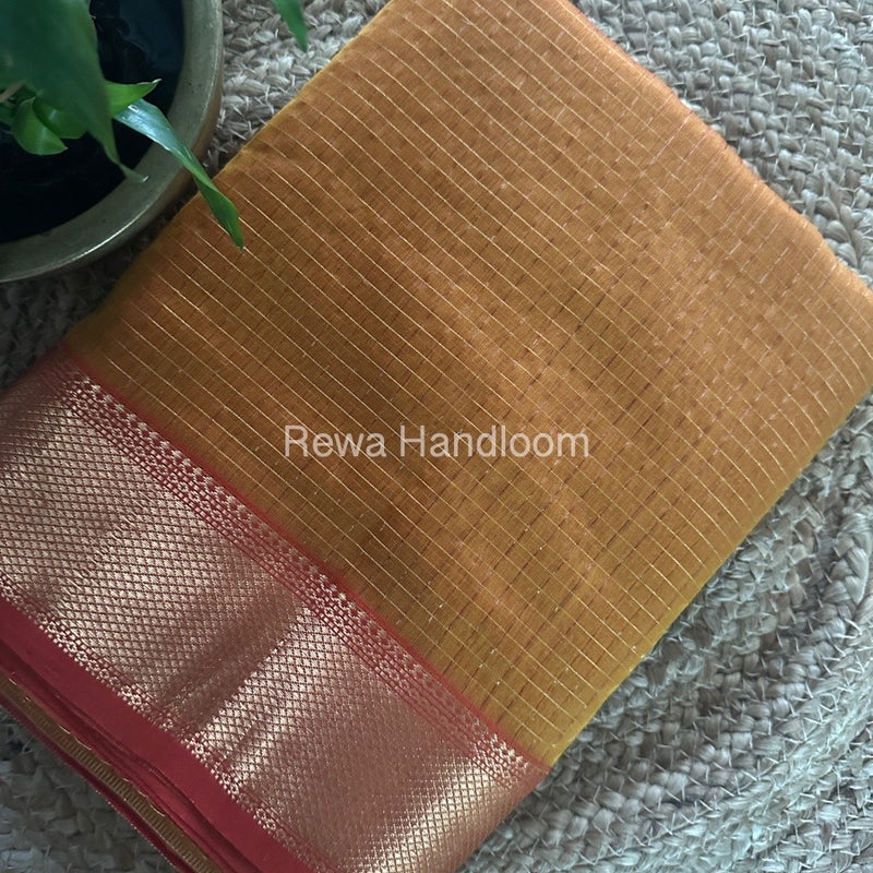 Maheshwari Mustard Yellow Zari Checks Saree ZCHX318