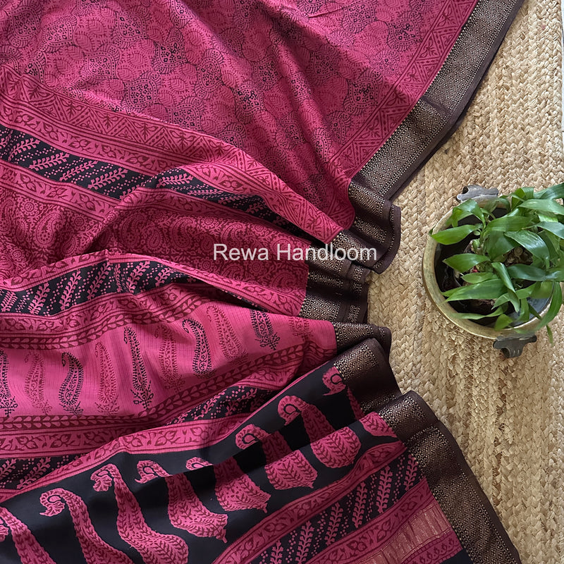 Maheshwari Pink Bagh Print Small Border Saree MTBS137
