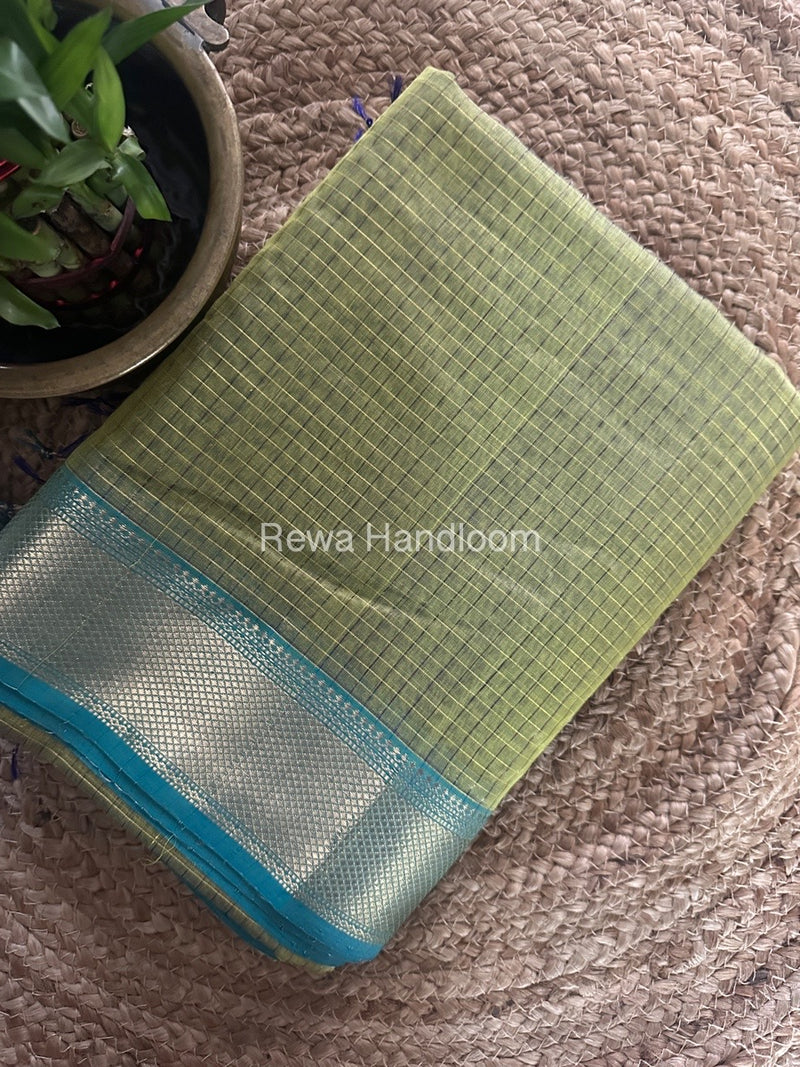 Maheshwari Light Parrot Green Zari Checks Saree ZCHX320