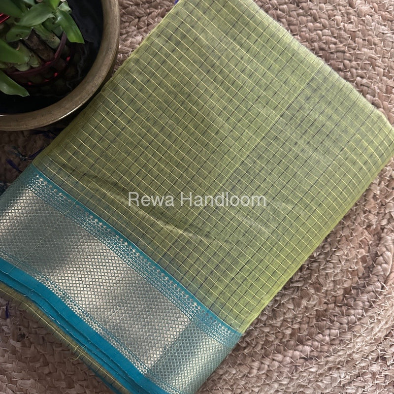Maheshwari Light Parrot Green Zari Checks Saree ZCHX320