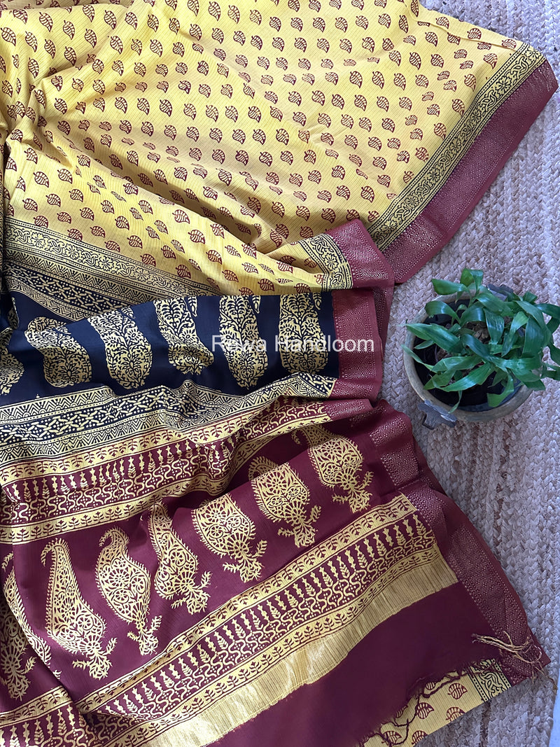 Maheshwari Yellow Bagh Print Small Border Saree MTBS161