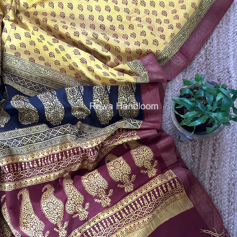 Maheshwari Yellow Bagh Print Small Border Saree MTBS161