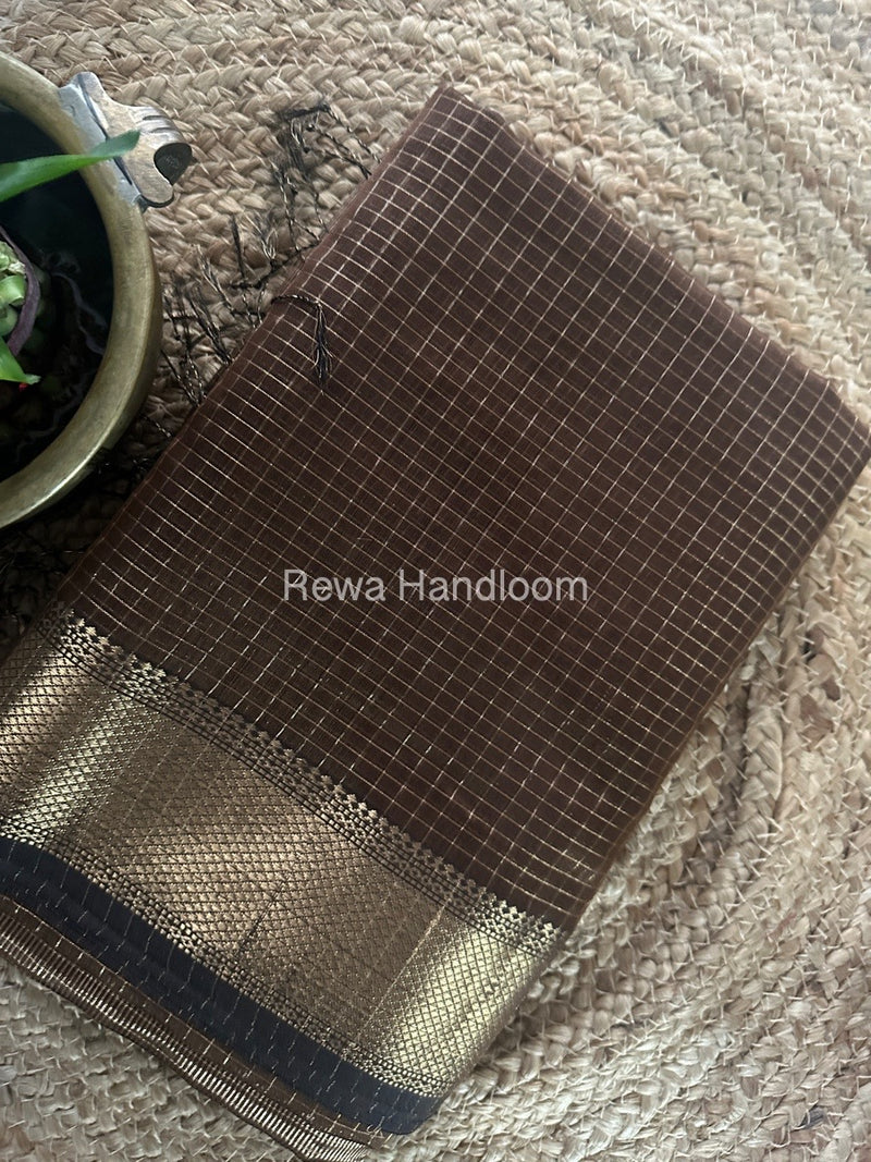 Maheshwari Dark Brown Zari Checks Saree ZCHX321