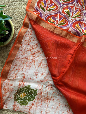 Maheshwari Orange Batik Indonesian Print Saree IBS042