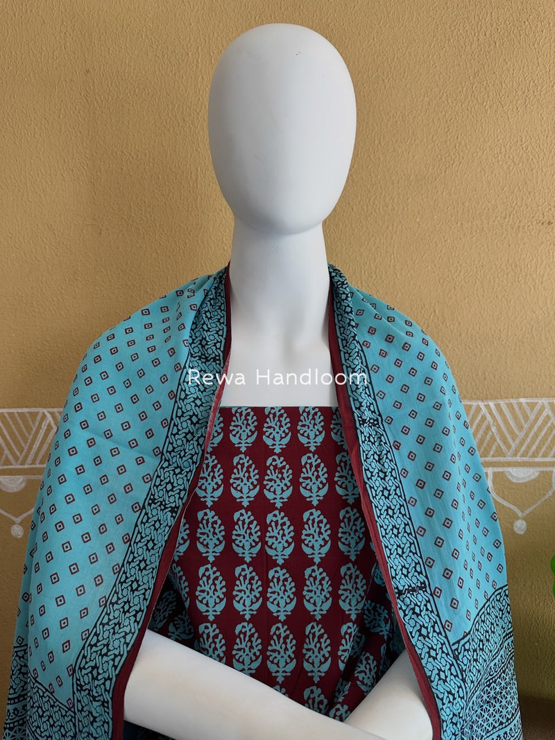 Maroon-Sky Blue Bagh Print Cotton Suit BGCSJ013