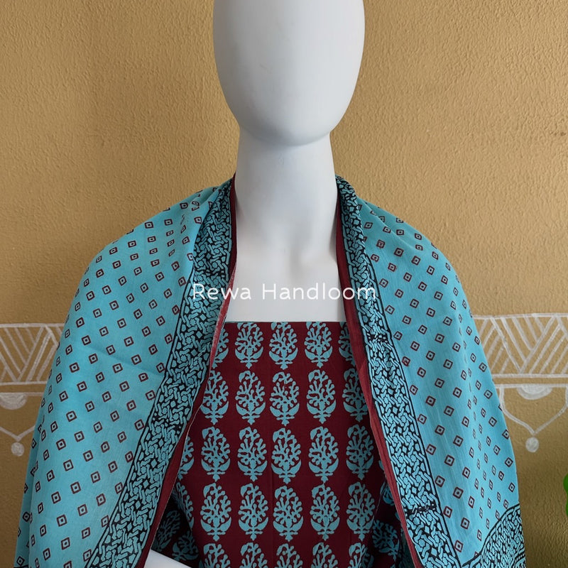 Maroon-Sky Blue Bagh Print Cotton Suit BGCSJ013