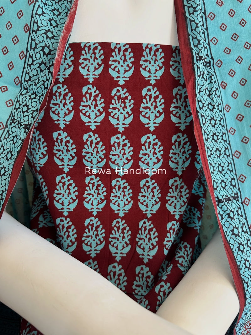Maroon-Sky Blue Bagh Print Cotton Suit BGCSJ013