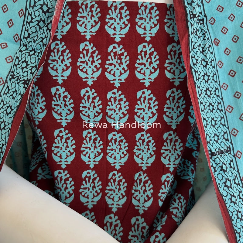 Maroon-Sky Blue Bagh Print Cotton Suit BGCSJ013