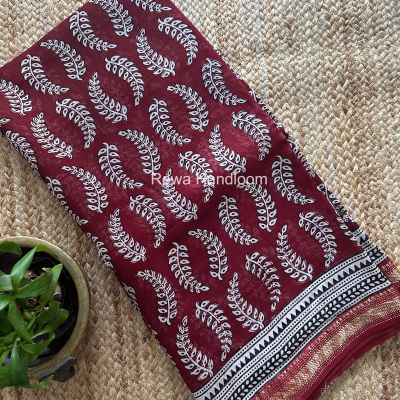 Maheshwari Maroon Bagh Print Small Border Saree MTBS175