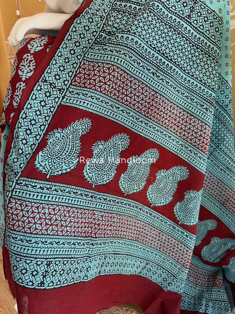 Maroon-Sky Blue Bagh Print Cotton Suit BGCSJ013