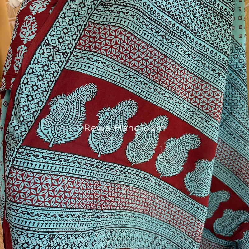 Maroon-Sky Blue Bagh Print Cotton Suit BGCSJ013