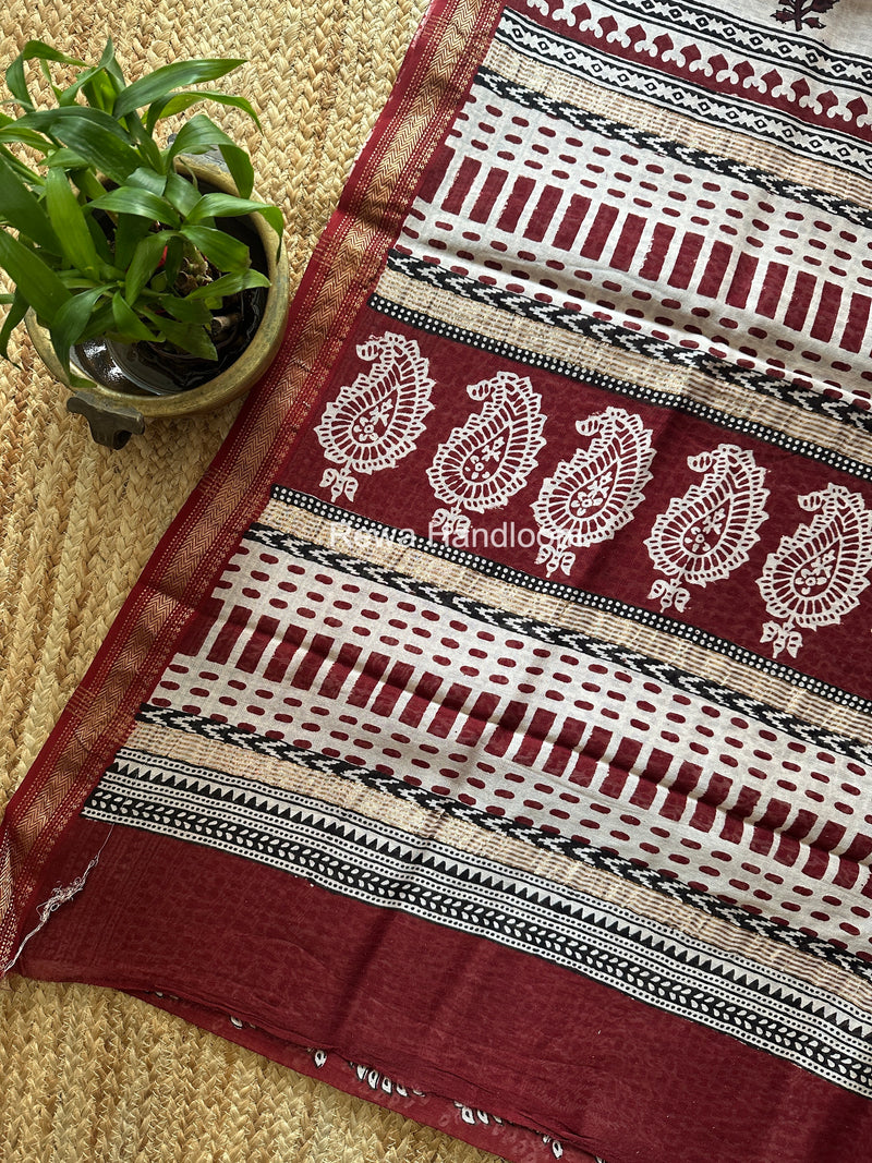 Maheshwari Maroon Bagh Print Small Border Saree MTBS175