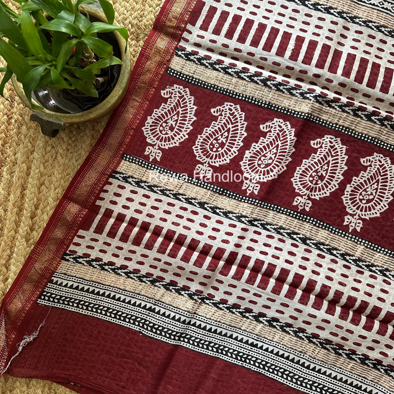 Maheshwari Maroon Bagh Print Small Border Saree MTBS175