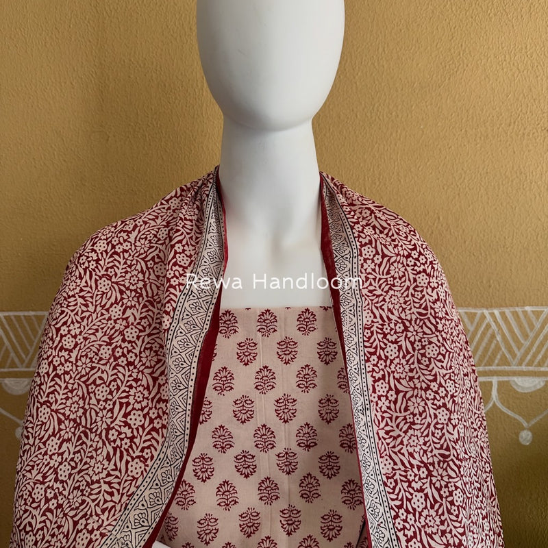 White-Maroon Bagh Print Cotton Suit BGCSJ011
