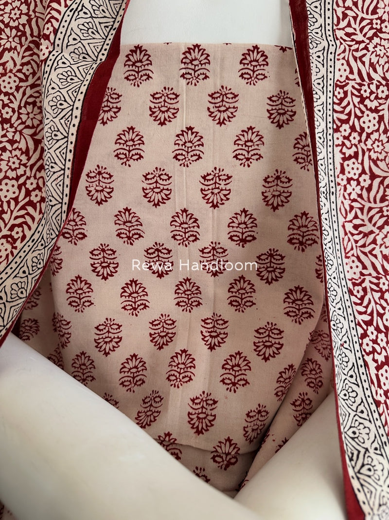 White-Maroon Bagh Print Cotton Suit BGCSJ011